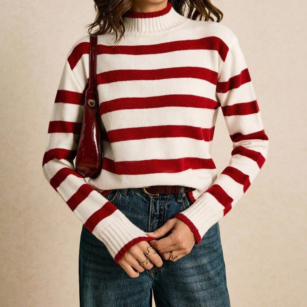 Red And White Casual Women's Colorblock Striped Stand Collar Sweater - Picture 3 of 9